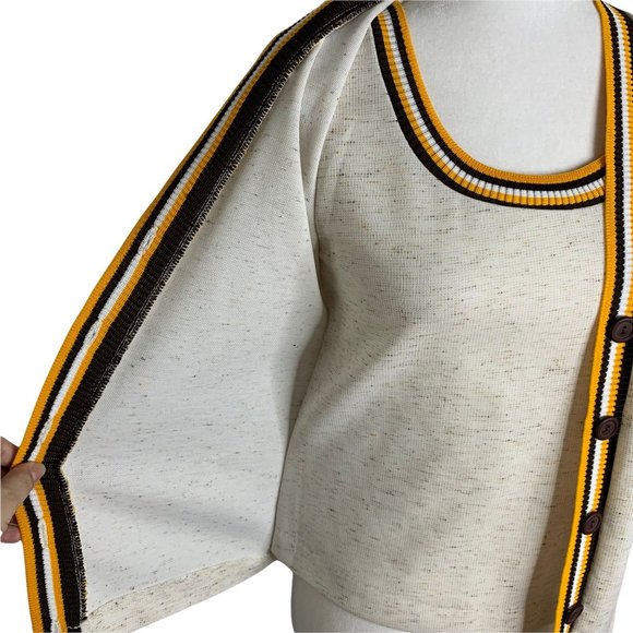 Vintage 70s Layered Look Cardigan Pant Set S Beige Knit Buttons Elastic Waist - Picture 3 of 10